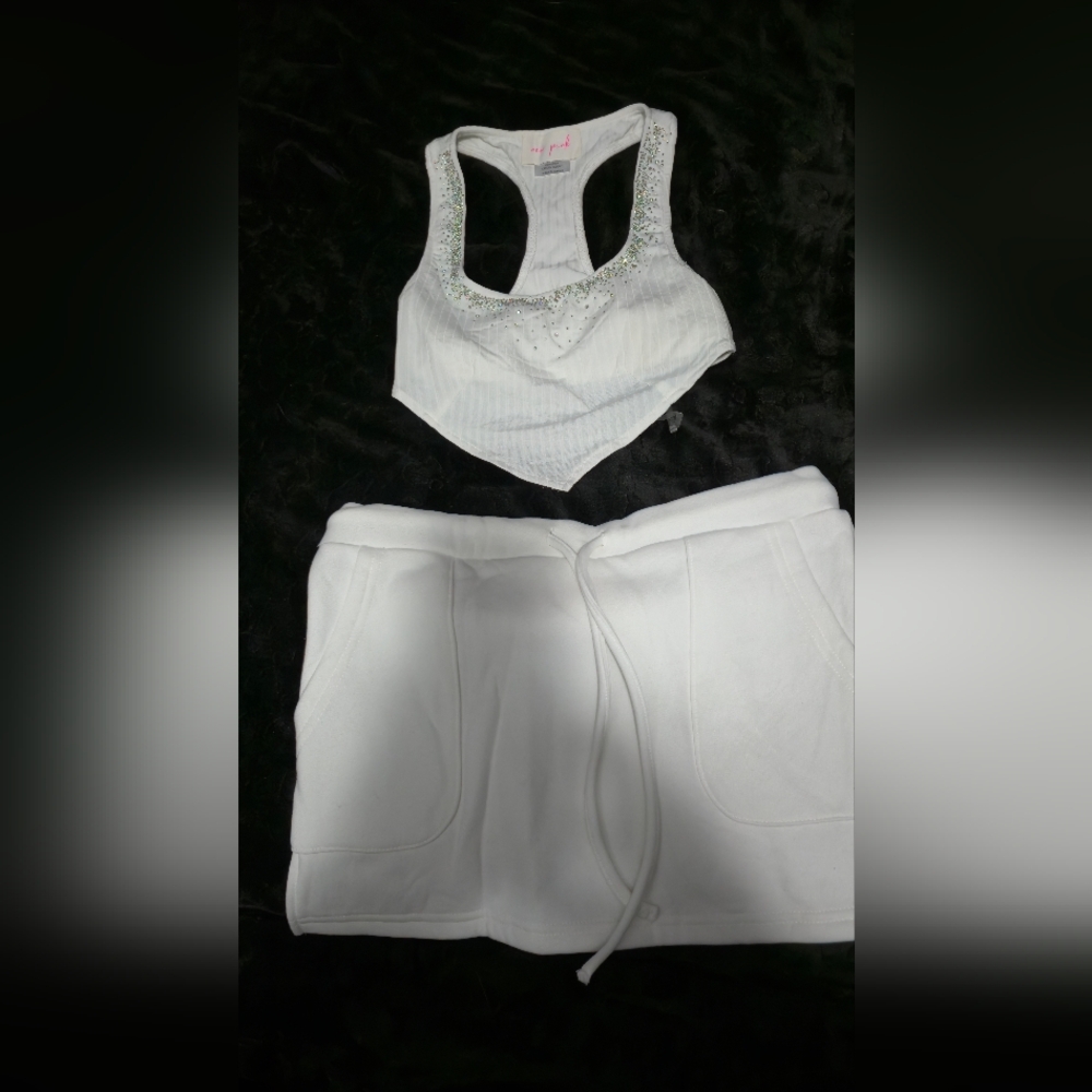 New Pink White Crop Top and Skirt Set